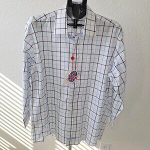 ENGLISH LAUNDRY NWT MENS SIZE 17 1/2 BLUE AND WHITE 100% COTTON PLAID LS SHIRT